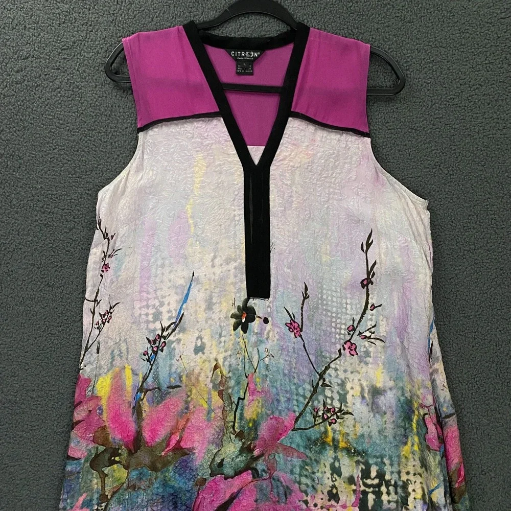 Citron Santa Monica Dress size Large 100% Silk Floral Sleeveless Asian Cherry